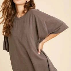 Purple Door Boutique Ladies' Oversized Distressed Charcoal Crewneck Tee