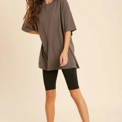 Purple Door Boutique Ladies' Oversized Distressed Charcoal Crewneck Tee