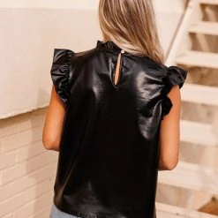 Purple Door Boutique New Arrivals Metallic Nights Black Pleather Top
