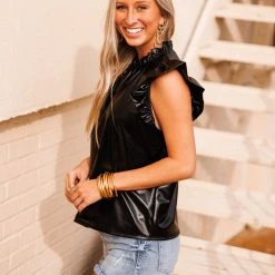 Purple Door Boutique New Arrivals Metallic Nights Black Pleather Top