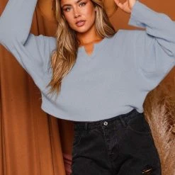 Purple Door Boutique New Arrivals Fireside Blue Oversized Soft Ribbed Knit Top