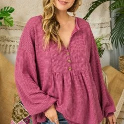 Purple Door Boutique Textured Knit Burgundy Peplum Top