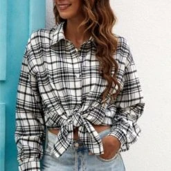 Purple Door Boutique Classically Flannel Black Plaid Top