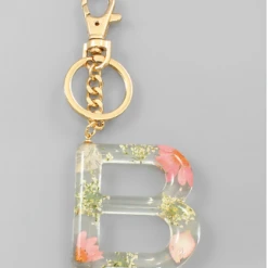 Purple Door Boutique Initial Pink Floral Pressed Keychain