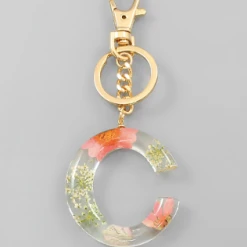 Purple Door Boutique Initial Pink Floral Pressed Keychain