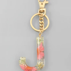 Purple Door Boutique Initial Pink Floral Pressed Keychain