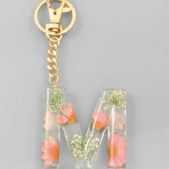Purple Door Boutique Initial Pink Floral Pressed Keychain