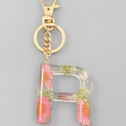 Purple Door Boutique Initial Pink Floral Pressed Keychain
