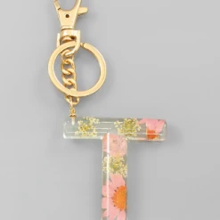 Purple Door Boutique Initial Pink Floral Pressed Keychain