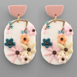Purple Door Boutique White 3D Floral Oval Earrings