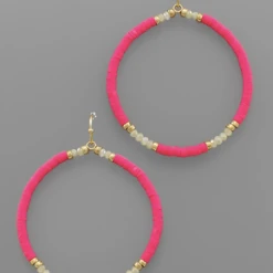 Purple Door Boutique Pink Beaded Gold Hoop Earrings