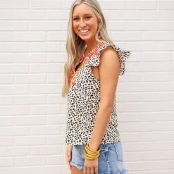 Purple Door Boutique Cream Cheetah Print Embroidered Top New Arrivals