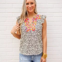 Purple Door Boutique Cream Cheetah Print Embroidered Top New Arrivals