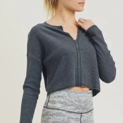 Mono B Athleisure Mono B Black Waffle Knit Cropped Top Ladies'