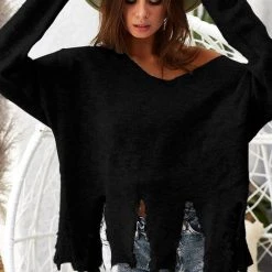 The Purple Door Boutique Distressed Love Black Knit Sweater