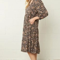 Purple Door Boutique Black Floral Print Midi Dress