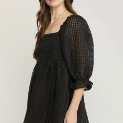 Purple Door Boutique Grid Print Black Babydoll Dress