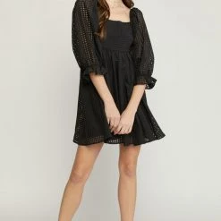 Purple Door Boutique Grid Print Black Babydoll Dress