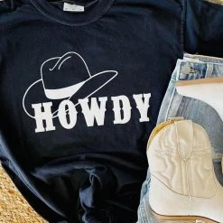 Purple Door Boutique Howdy Cowboy Hat Black T Shirt New Arrivals