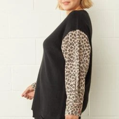Purple Door Boutique Ladies' Leopard Print Denim Black Sweater