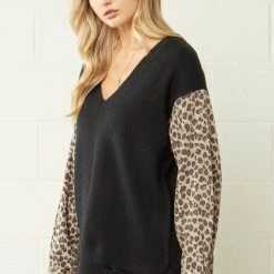 Purple Door Boutique Ladies' Leopard Print Denim Black Sweater
