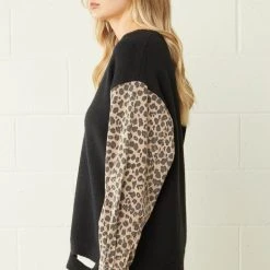 Purple Door Boutique Ladies' Leopard Print Denim Black Sweater