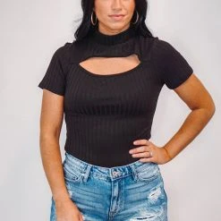 The Purple Door Boutique Ladies' Wish Away Black Ribbed Cut Out Top