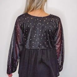 Purple Door Boutique Ladies' Star Foil Babydoll Black Top
