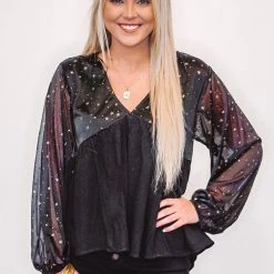 Purple Door Boutique Ladies' Star Foil Babydoll Black Top