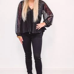 Purple Door Boutique Ladies' Star Foil Babydoll Black Top