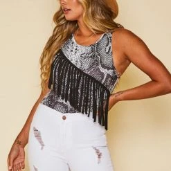 Purple Door Boutique New Arrivals Black Snake Print Fringe Bodysuit