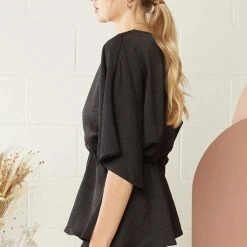 Purple Door Boutique Black Satin Surplice Peplum Top Summer SALE