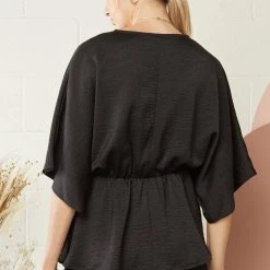 Purple Door Boutique Black Satin Surplice Peplum Top Summer SALE