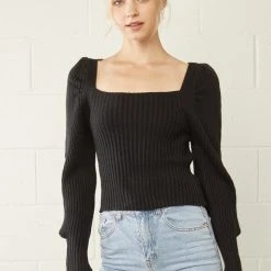 Purple Door Boutique Black Ribbed Knit Cropped Sweater