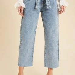 Purple Door Boutique Blue Belted Paperbag Denim Pants Ladies'