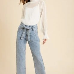 Purple Door Boutique Blue Belted Paperbag Denim Pants Ladies'