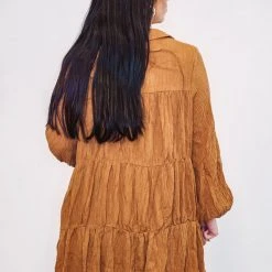 Purple Door Boutique Caramel Shimmer Tiered Mini Dress