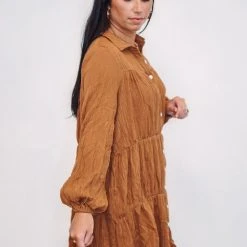 Purple Door Boutique Caramel Shimmer Tiered Mini Dress
