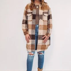 Purple Door Boutique Caramel Color Long Plaid Jacket