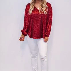Purple Door Boutique Lavish Monochromatic Burgundy Satin Top Ladies'
