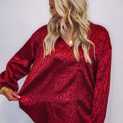 Purple Door Boutique Lavish Monochromatic Burgundy Satin Top Ladies'