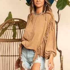 Purple Door Boutique Camel Color Fringe Dolman Top Ladies'