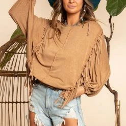 Purple Door Boutique Camel Color Fringe Dolman Top Ladies'