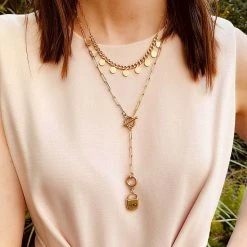 Canvas Jewelry Canvas Skylar Padlock T-Bar Y Necklace Worn Gold