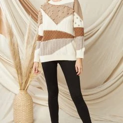 The Purple Door Boutique Pom Pom Caramel Colorblock Sweater