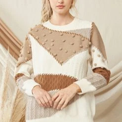 The Purple Door Boutique Pom Pom Caramel Colorblock Sweater