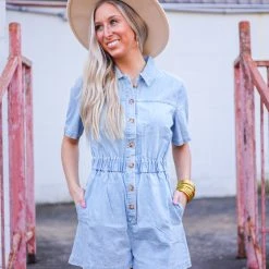 Purple Door Boutique Ladies' Chambray Days Light Blue Romper
