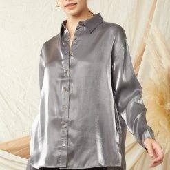 Purple Door Boutique Iridescent Satin Charcoal Top