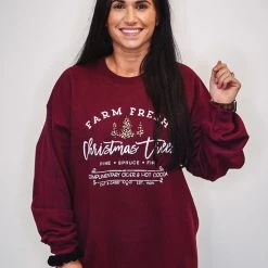 Purple Door Boutique Ladies' Christmas Tree Burgundy Graphic Sweatshirt