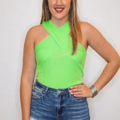 Purple Door Boutique Criss Cross Halter Lime Top
